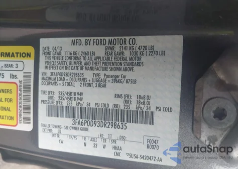 2013 Ford Fusion Titanium from USA, damaged, VIN 3FA6P0D93DR298635